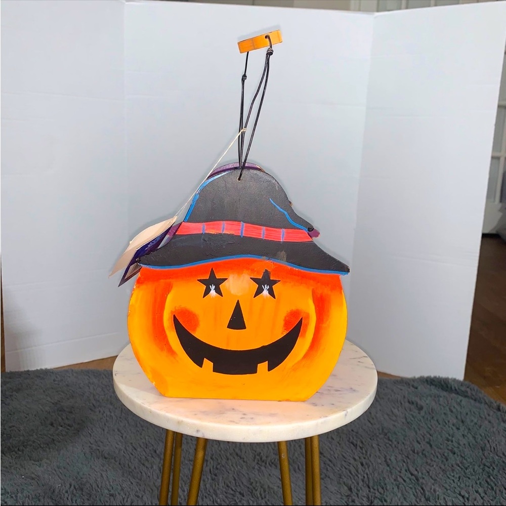 Vintage Wooden Halloween Basket Jack-o-lantern Pumpkin Handmade Candy Bowl 1960s